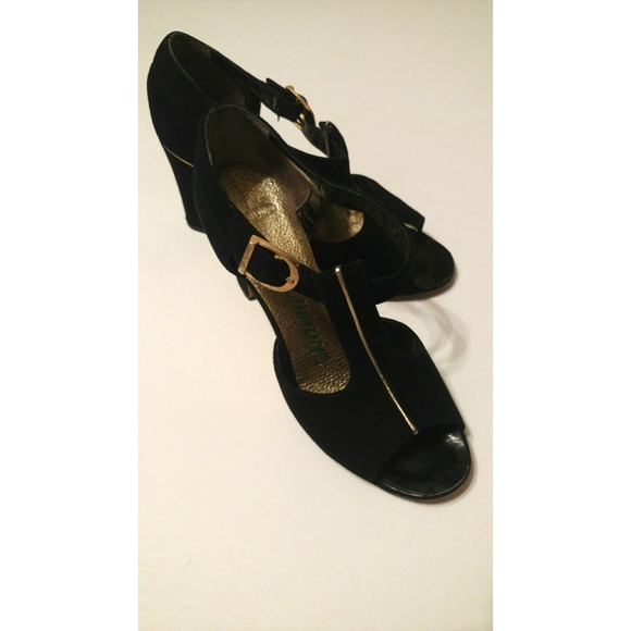 Black suede peep toe heels with Gold stripe - Picture 2 of 4